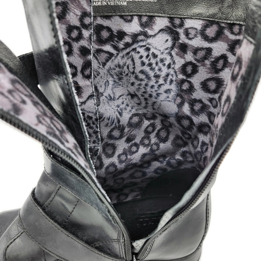 Born Alamid Black Leather Straps & Buckles Calf-High Lug Sole Moto Style Boots - Picture 9 of 12